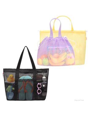 Large Mesh Beach Bag with Zipper and 2 Drawstring Kids Beach Bags, Waterproof